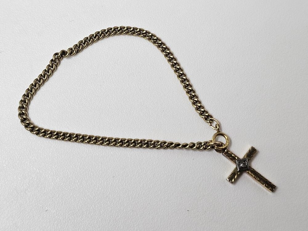 Vintage Gold Filled Baby Bracelet W/ Antique Single Diamond Cross Charm 5.5"